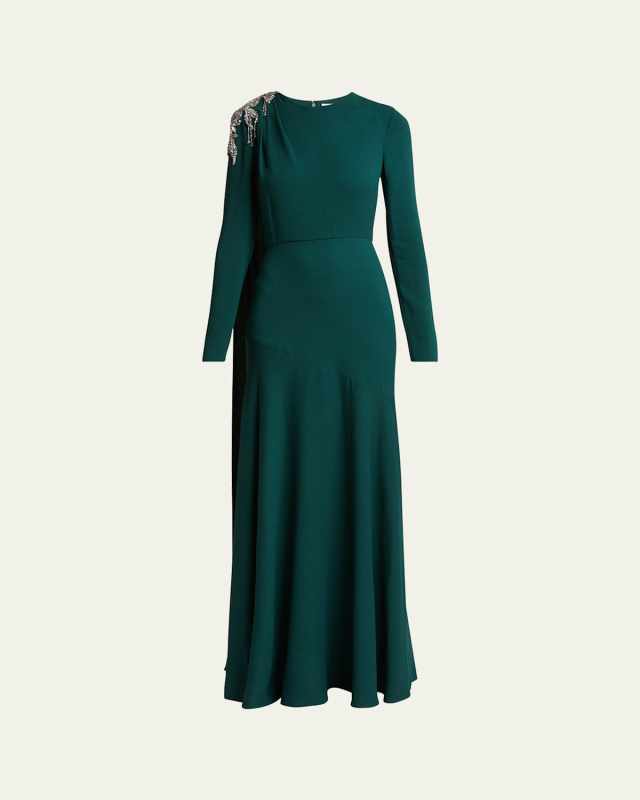 Crystal Shoulder Draped Long-Sleeve Gown